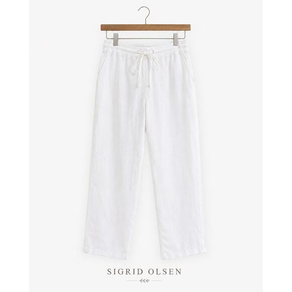 Sigrid Olsen Pants - Sigrid Olsen White Linen Pull On Pants Elastic Waist Coastal Large Relaxed